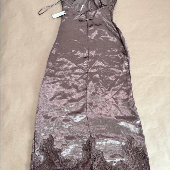 New By Anthropologie Satin Lace Midi Pajama Dress Brown - Picture 15 of 16